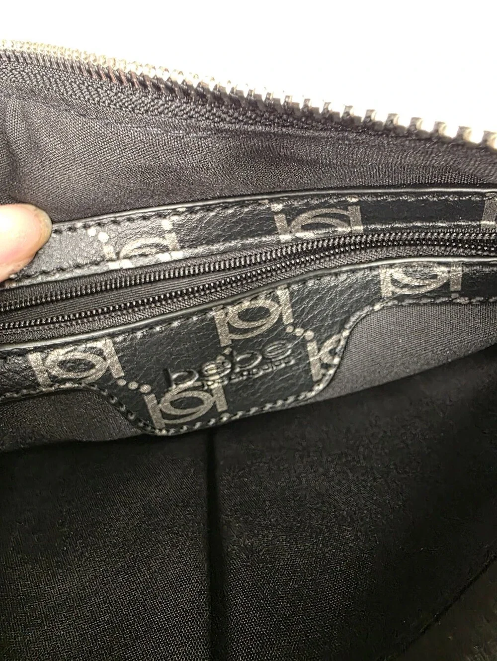 Bebe Black Silver All Over Monogram Logo Zip Wristlet Handbag Evening Bag